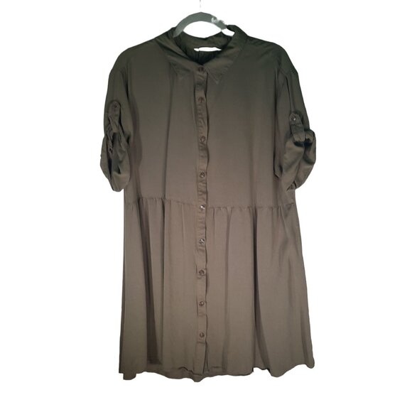Given Kale Shirt Dress Green Collared Short Sleeve Button Front - Picture 4 of 9